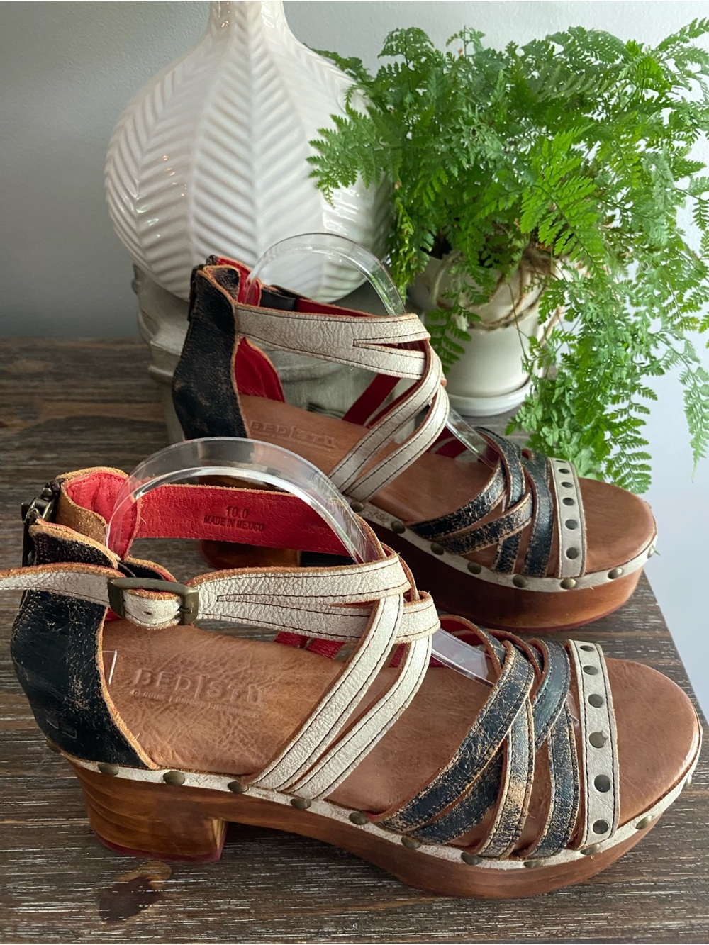 Bed|Stu Antonelli Leather Wood Platform Heeled Sandals Womens 10 Tan Black Lux - Picture 4 of 16